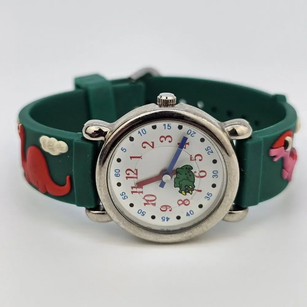 Kids Watch‎ 27MM White Dial Animal Characters Green Plastic Bands New Battery
